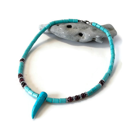 Tribal Horn Choker Necklace for Men, Blue Howlite & Garnet Beaded Necklace, January Birthstone Jewelry Gift for Him