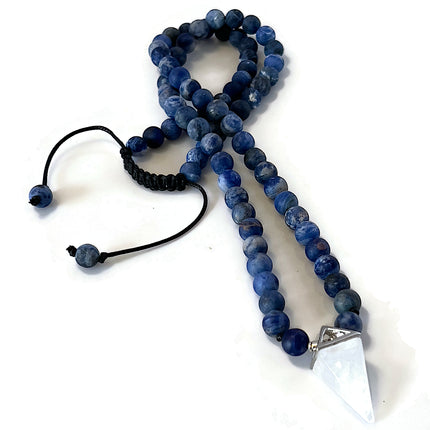 April Birthstone Necklace for Men, Clear Quartz Crystal Pendulum & Matte Sodalite, Natural Gemstone Long Beaded Necklace, Jewelry Gift for Him