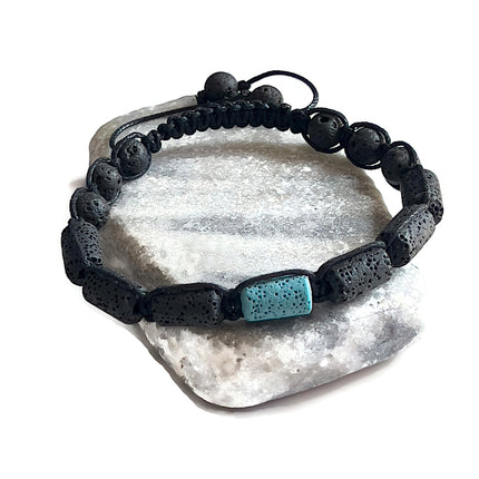 Grounding Lava Bead Bracelet for Men, Blue & Black Macrame Wristband