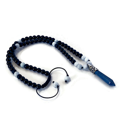 Men’s Long Beaded Pendant Necklace, Lapis Lazuli, Aquamarine & Black Onyx