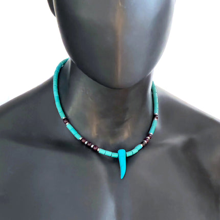 Tribal Horn Choker Necklace for Men, Blue Howlite & Garnet Beaded Necklace, January Birthstone Jewelry Gift for Him