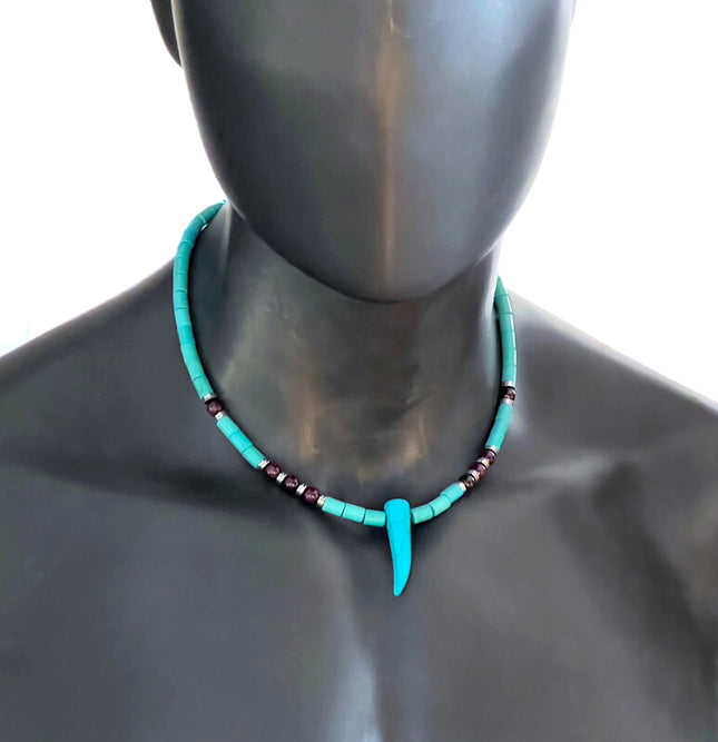 Tribal Horn Choker Necklace for Men, Blue Howlite & Garnet Beaded Necklace, January Birthstone Jewelry Gift for Him