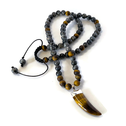 Beaded Long Necklace with Horn Pendant, Tiger Eye & Labradorite Men’s Necklace, Tribal Boho Crystal Jewelry, Handmade Gift for Him