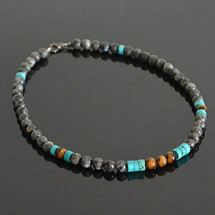 Men’s Southwestern Style Beaded Necklace, Turquoise, Tiger’s Eye & Labradorite Choker, Handmade Jewelry Gift for Him