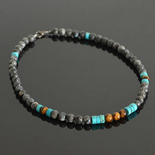 Men’s Southwestern Style Beaded Necklace, Turquoise, Tiger’s Eye & Labradorite Choker, Handmade Jewelry Gift for Him