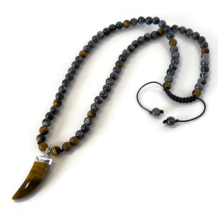 Beaded Long Necklace with Horn Pendant, Tiger Eye & Labradorite Men’s Necklace, Tribal Boho Crystal Jewelry, Handmade Gift for Him