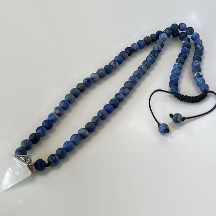 April Birthstone Necklace for Men, Clear Quartz Crystal Pendulum & Matte Sodalite, Natural Gemstone Long Beaded Necklace, Jewelry Gift for Him