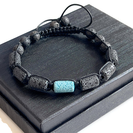 Grounding Lava Bead Bracelet for Men, Blue & Black Macrame Wristband