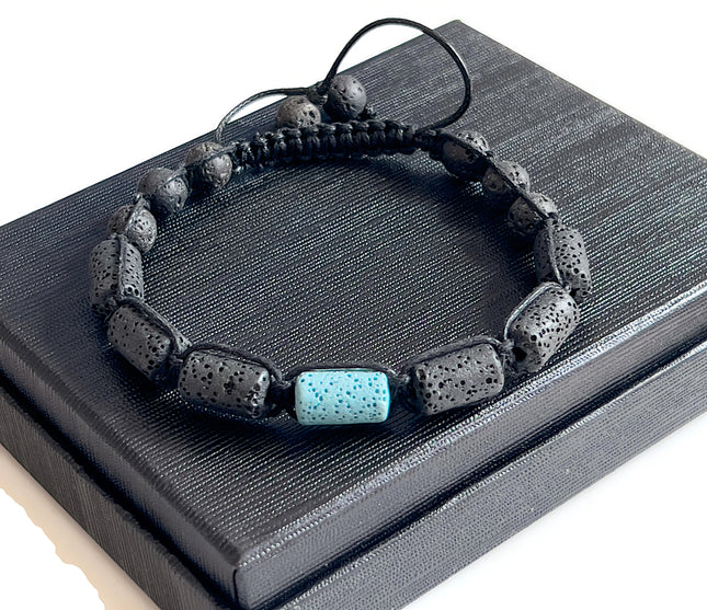 Grounding Lava Bead Bracelet for Men, Blue & Black Macrame Wristband