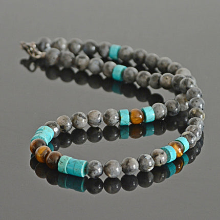 Men’s Southwestern Style Beaded Necklace, Turquoise, Tiger’s Eye & Labradorite Choker, Handmade Jewelry Gift for Him