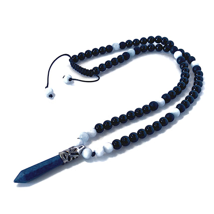 Men’s Long Beaded Pendant Necklace, Lapis Lazuli, Aquamarine & Black Onyx