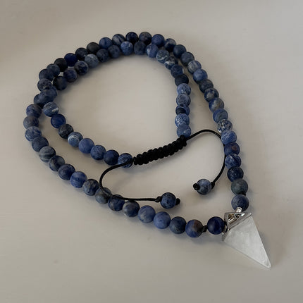 April Birthstone Necklace for Men, Clear Quartz Crystal Pendulum & Matte Sodalite, Natural Gemstone Long Beaded Necklace, Jewelry Gift for Him