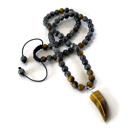 Beaded Long Necklace with Horn Pendant, Tiger Eye & Labradorite Men’s Necklace, Tribal Boho Crystal Jewelry, Handmade Gift for Him