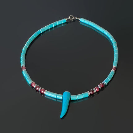 Tribal Horn Choker Necklace for Men, Blue Howlite & Garnet Beaded Necklace, January Birthstone Jewelry Gift for Him