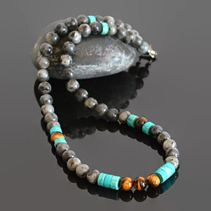 Men’s Southwestern Style Beaded Necklace, Turquoise, Tiger’s Eye & Labradorite Choker, Handmade Jewelry Gift for Him