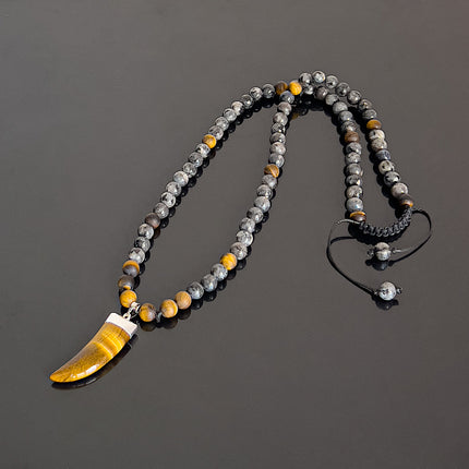 Beaded Long Necklace with Horn Pendant, Tiger Eye & Labradorite Men’s Necklace, Tribal Boho Crystal Jewelry, Handmade Gift for Him