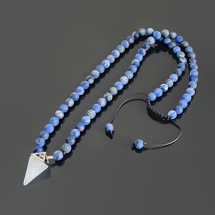 April Birthstone Necklace for Men, Clear Quartz Crystal Pendulum & Matte Sodalite, Natural Gemstone Long Beaded Necklace, Jewelry Gift for Him