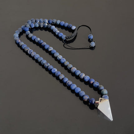 April Birthstone Necklace for Men, Clear Quartz Crystal Pendulum & Matte Sodalite, Natural Gemstone Long Beaded Necklace, Jewelry Gift for Him