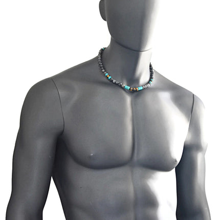 Men’s Southwestern Style Beaded Necklace, Turquoise, Tiger’s Eye & Labradorite Choker, Handmade Jewelry Gift for Him