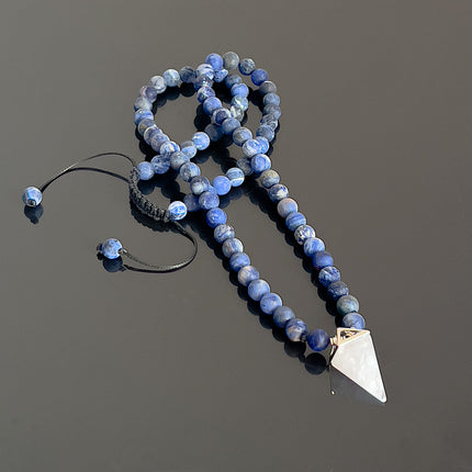 April Birthstone Necklace for Men, Clear Quartz Crystal Pendulum & Matte Sodalite, Natural Gemstone Long Beaded Necklace, Jewelry Gift for Him
