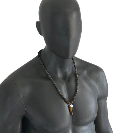 Beaded Long Necklace with Horn Pendant, Tiger Eye & Labradorite Men’s Necklace, Tribal Boho Crystal Jewelry, Handmade Gift for Him