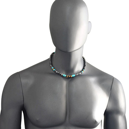 Men’s Southwestern Style Beaded Necklace, Turquoise, Tiger’s Eye & Labradorite Choker, Handmade Jewelry Gift for Him