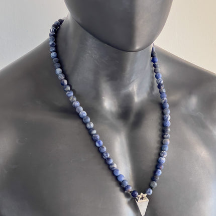 April Birthstone Necklace for Men, Clear Quartz Crystal Pendulum & Matte Sodalite, Natural Gemstone Long Beaded Necklace, Jewelry Gift for Him