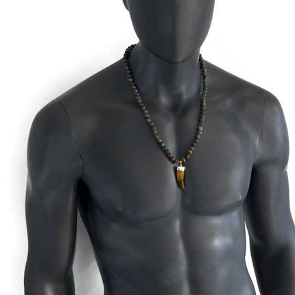 Beaded Long Necklace with Horn Pendant, Tiger Eye & Labradorite Men’s Necklace, Tribal Boho Crystal Jewelry, Handmade Gift for Him