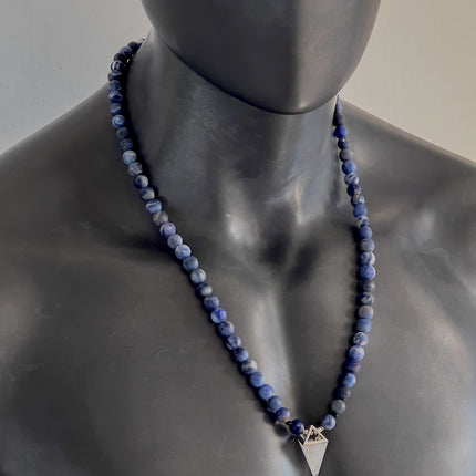 April Birthstone Necklace for Men, Clear Quartz Crystal Pendulum & Matte Sodalite, Natural Gemstone Long Beaded Necklace, Jewelry Gift for Him
