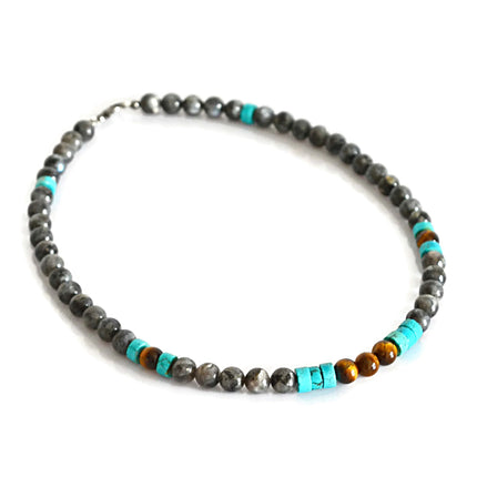Men’s Southwestern Style Beaded Necklace, Turquoise, Tiger’s Eye & Labradorite Choker, Handmade Jewelry Gift for Him