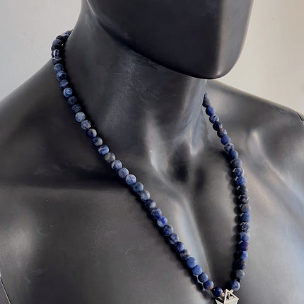 April Birthstone Necklace for Men, Clear Quartz Crystal Pendulum & Matte Sodalite, Natural Gemstone Long Beaded Necklace, Jewelry Gift for Him