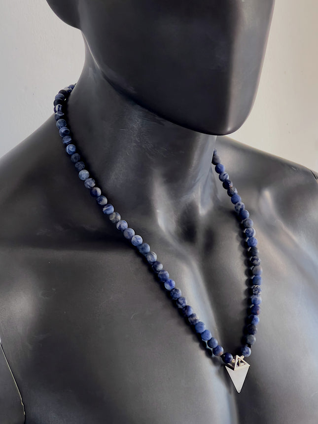 April Birthstone Necklace for Men, Clear Quartz Crystal Pendulum & Matte Sodalite, Natural Gemstone Long Beaded Necklace, Jewelry Gift for Him