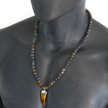 Beaded Long Necklace with Horn Pendant, Tiger Eye & Labradorite Men’s Necklace, Tribal Boho Crystal Jewelry, Handmade Gift for Him
