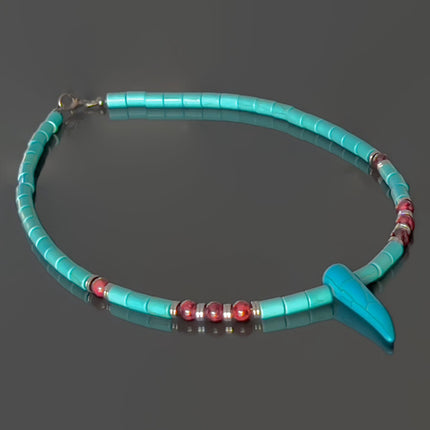Tribal Horn Choker Necklace for Men, Blue Howlite & Garnet Beaded Necklace, January Birthstone Jewelry Gift for Him
