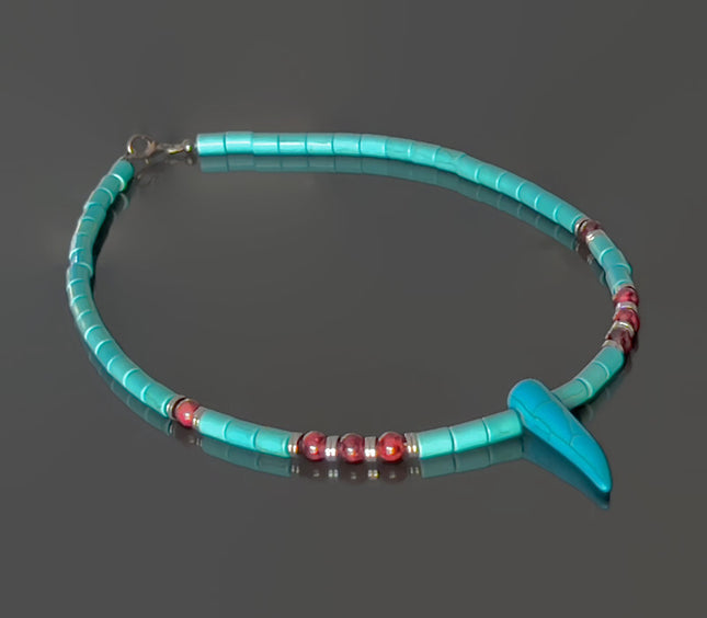 Tribal Horn Choker Necklace for Men, Blue Howlite & Garnet Beaded Necklace, January Birthstone Jewelry Gift for Him