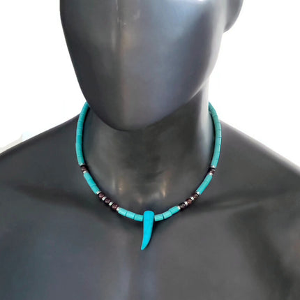 Tribal Horn Choker Necklace for Men, Blue Howlite & Garnet Beaded Necklace, January Birthstone Jewelry Gift for Him