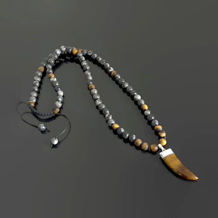 Beaded Long Necklace with Horn Pendant, Tiger Eye & Labradorite Men’s Necklace, Tribal Boho Crystal Jewelry, Handmade Gift for Him