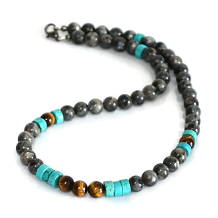 Men’s Southwestern Style Beaded Necklace, Turquoise, Tiger’s Eye & Labradorite Choker, Handmade Jewelry Gift for Him