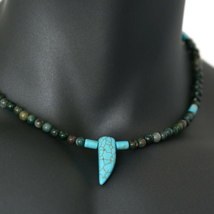 Southwestern Handmade Jewelry for Men, Beaded Choker Necklace with Horn Pendant, Blue Howlite & Indian Agate