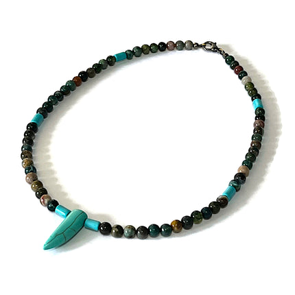 Southwestern Handmade Jewelry for Men, Beaded Choker Necklace with Horn Pendant, Blue Howlite & Indian Agate