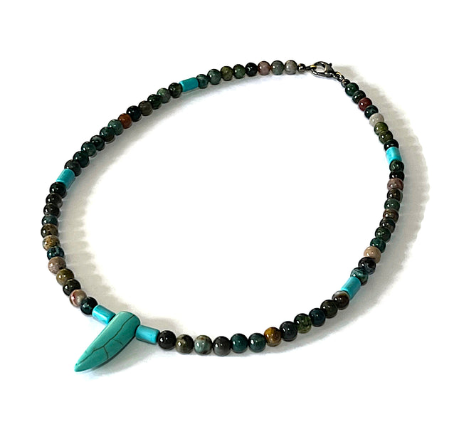 Southwestern Handmade Jewelry for Men, Beaded Choker Necklace with Horn Pendant, Blue Howlite & Indian Agate