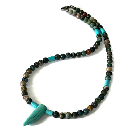 Southwestern Handmade Jewelry for Men, Beaded Choker Necklace with Horn Pendant, Blue Howlite & Indian Agate