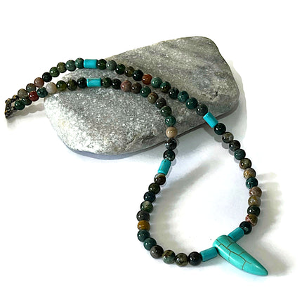 Southwestern Handmade Jewelry for Men, Beaded Choker Necklace with Horn Pendant, Blue Howlite & Indian Agate