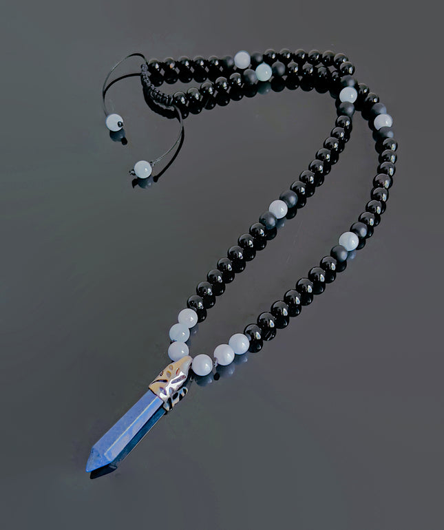 Men’s Long Beaded Pendant Necklace, Lapis Lazuli, Aquamarine & Black Onyx