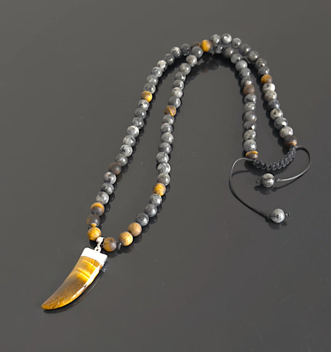 Beaded Long Necklace with Horn Pendant, Tiger Eye & Labradorite Men’s Necklace, Tribal Boho Crystal Jewelry, Handmade Gift for Him