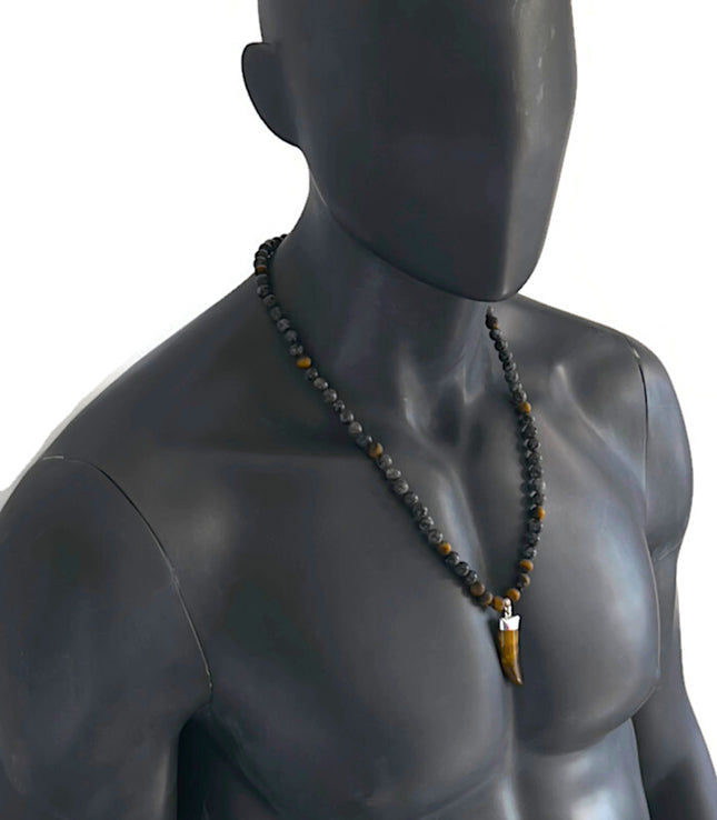 Beaded Long Necklace with Horn Pendant, Tiger Eye & Labradorite Men’s Necklace, Tribal Boho Crystal Jewelry, Handmade Gift for Him