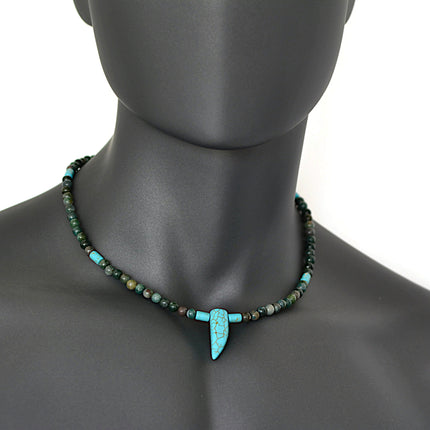 Southwestern Handmade Jewelry for Men, Beaded Choker Necklace with Horn Pendant, Blue Howlite & Indian Agate
