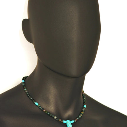 Southwestern Handmade Jewelry for Men, Beaded Choker Necklace with Horn Pendant, Blue Howlite & Indian Agate