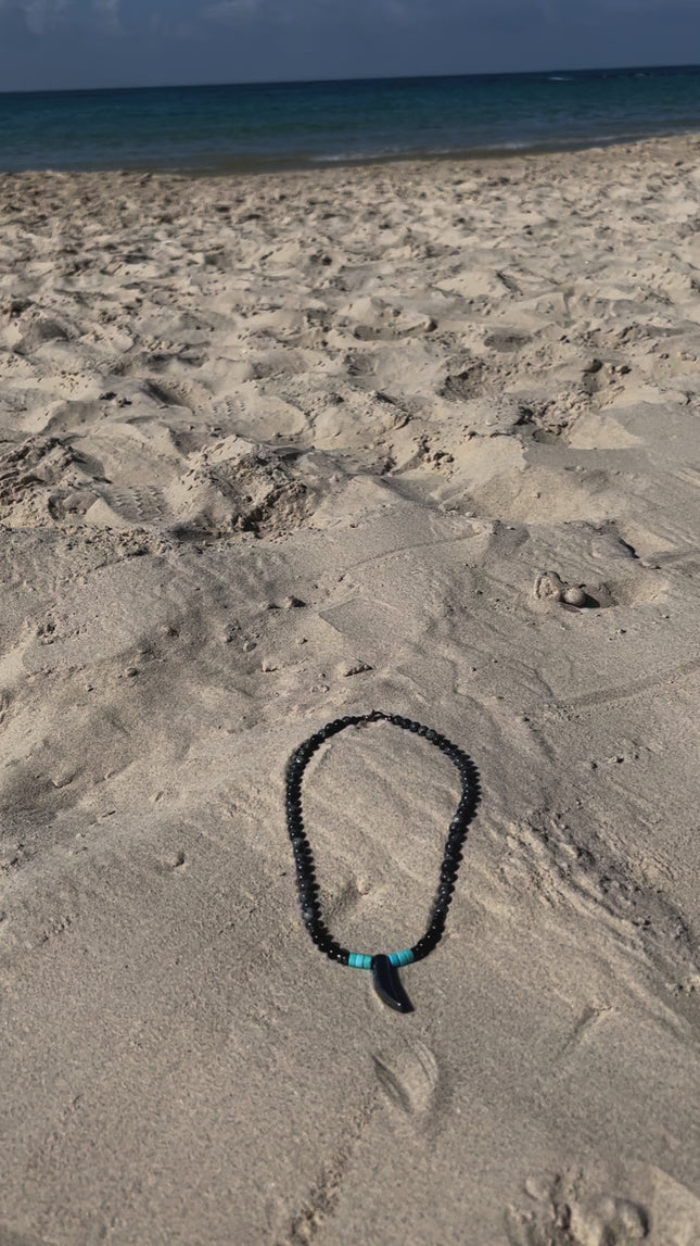 Men’s Beaded Choker Necklace with Tooth Pendant, Onyx & Turquoise, Handmade Surfer Jewelry