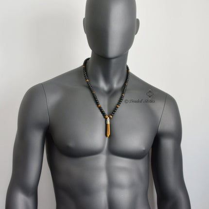 Crystal jewelry Long men's necklace Healing crystal necklace Onyx Tigers Eye pendant necklace Black brown necklace Shamballa energy necklace